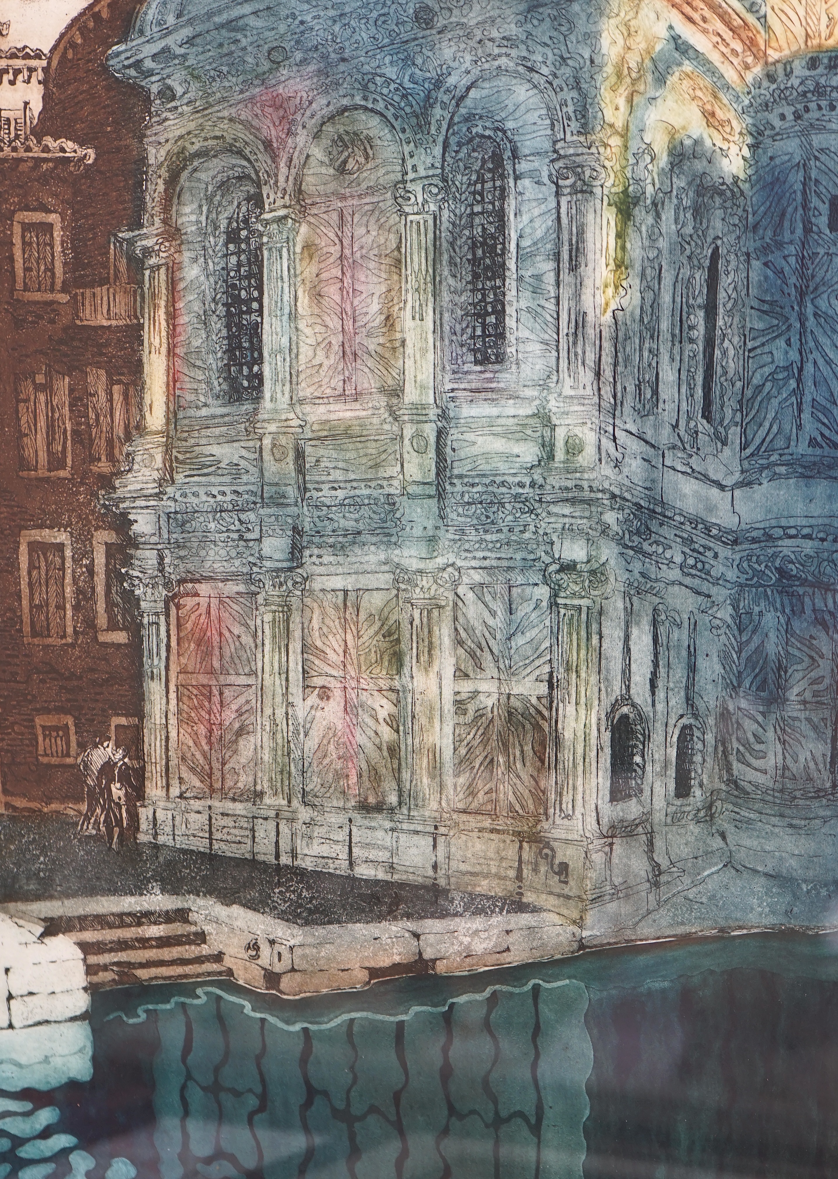 Jenny Sanders, four colour etchings, Venetian scenes including ‘Santa Maria Dei Miracoli’ and ‘View from the Bavolo’, three pencil signed and limited edition, largest 52 x 40cm. Condition - good